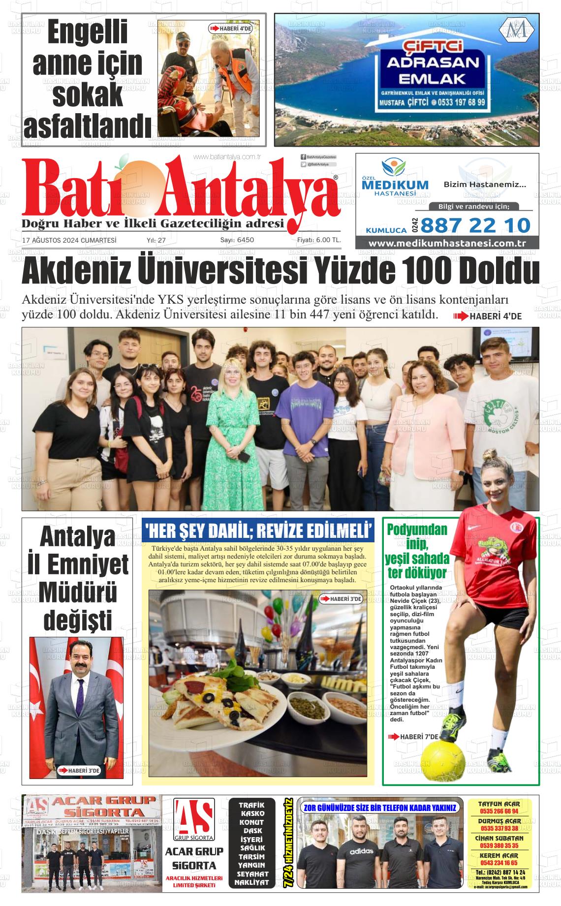 17 Ağustos 2024 Batı Antalya Gazete Manşeti