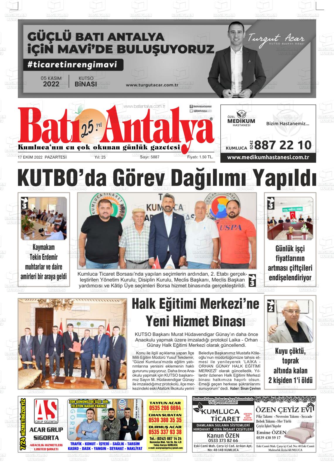 17 Ekim 2022 Batı Antalya Gazete Manşeti