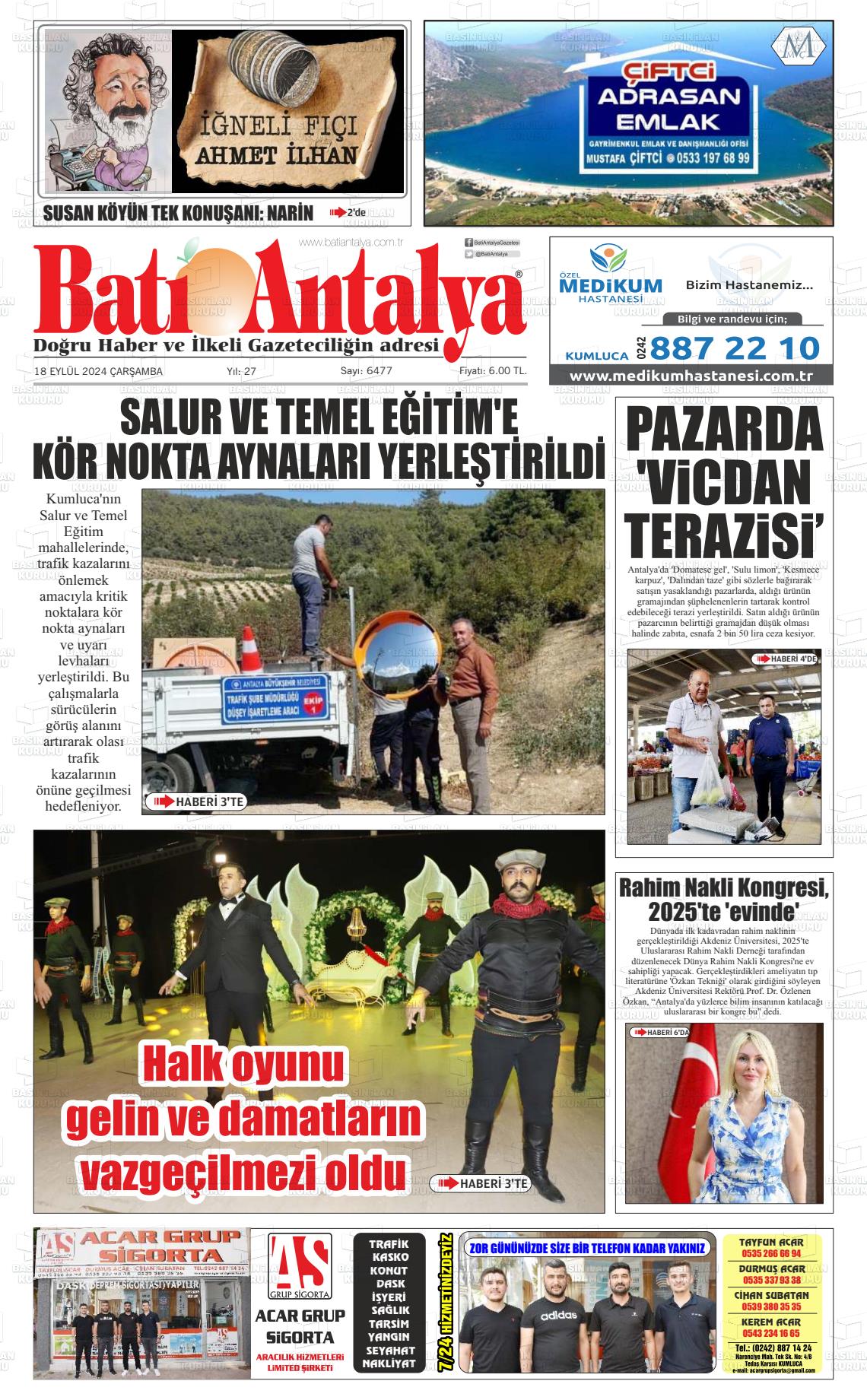 18 Eylül 2024 Batı Antalya Gazete Manşeti