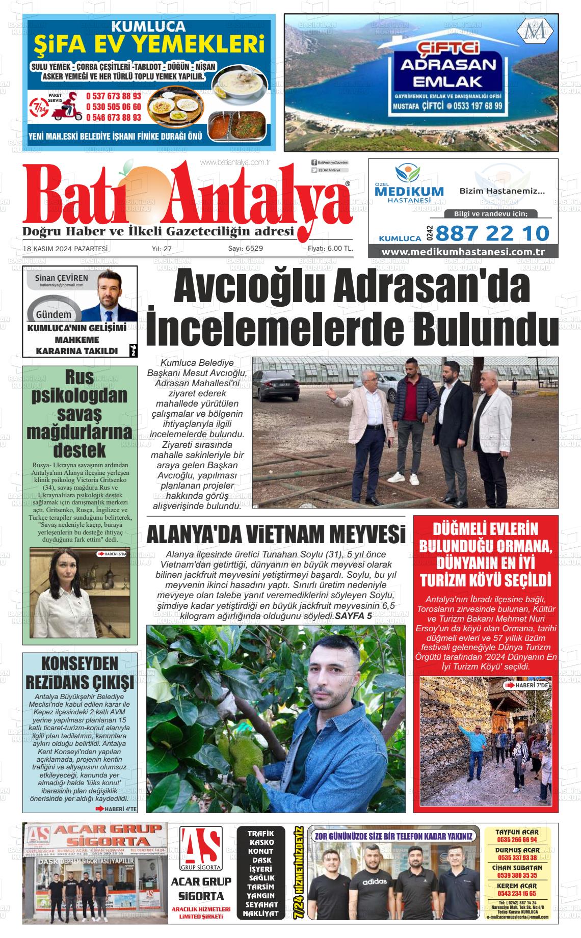 18 Kasım 2024 Batı Antalya Gazete Manşeti