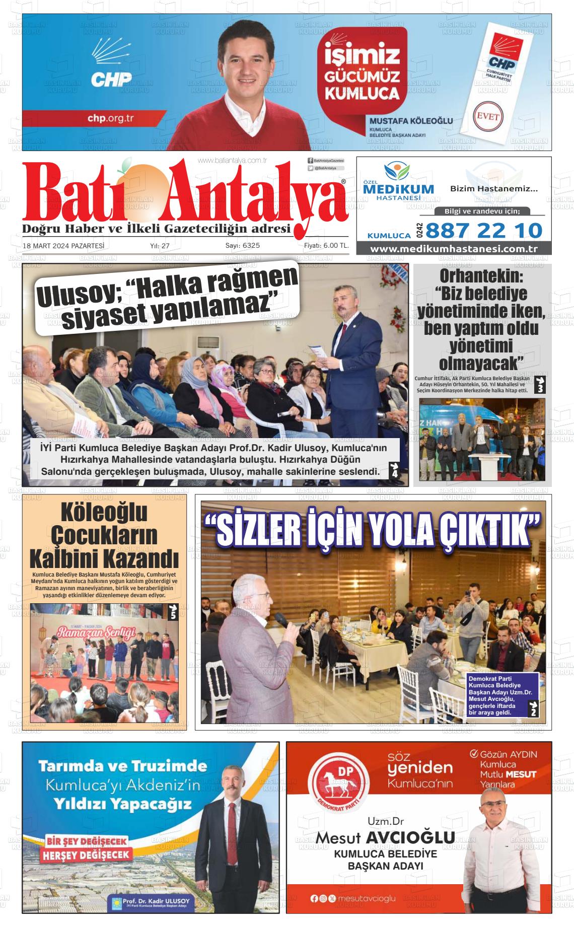 18 Mart 2024 Batı Antalya Gazete Manşeti