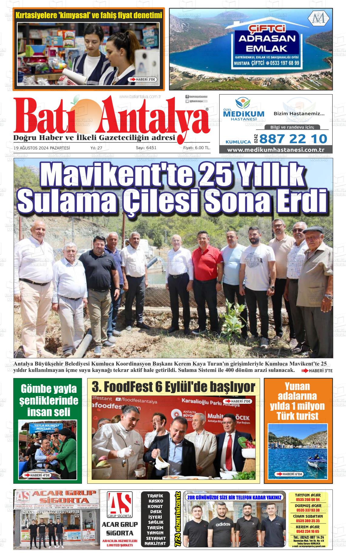 19 Ağustos 2024 Batı Antalya Gazete Manşeti