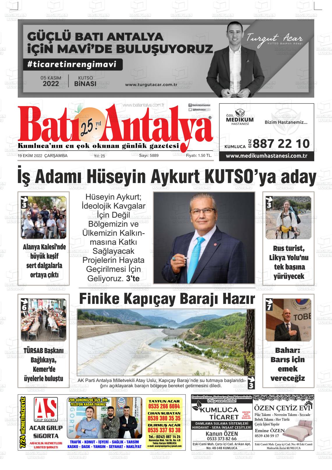 19 Ekim 2022 Batı Antalya Gazete Manşeti