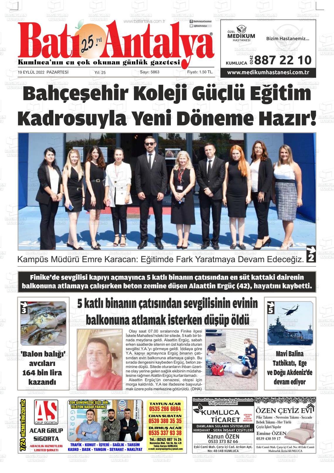 19 Eylül 2022 Batı Antalya Gazete Manşeti