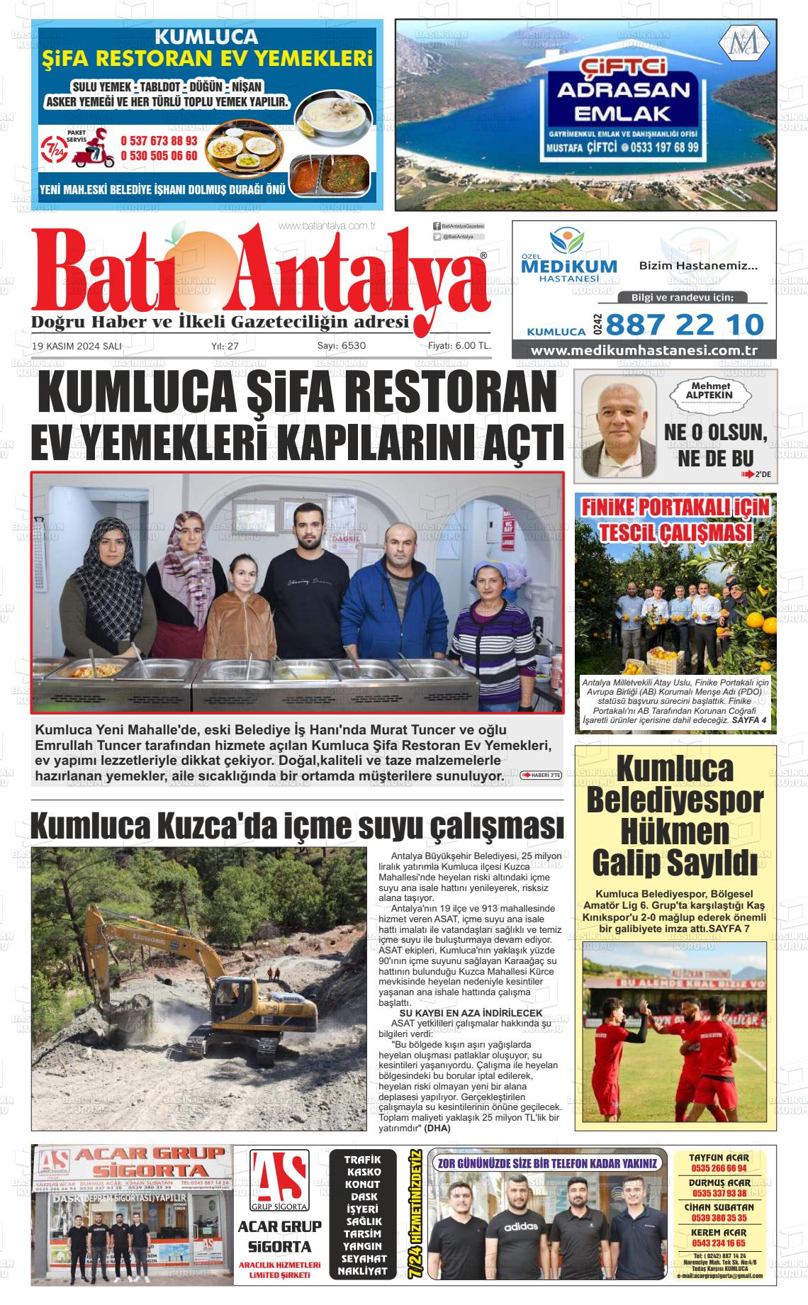 19 Kasım 2024 Batı Antalya Gazete Manşeti