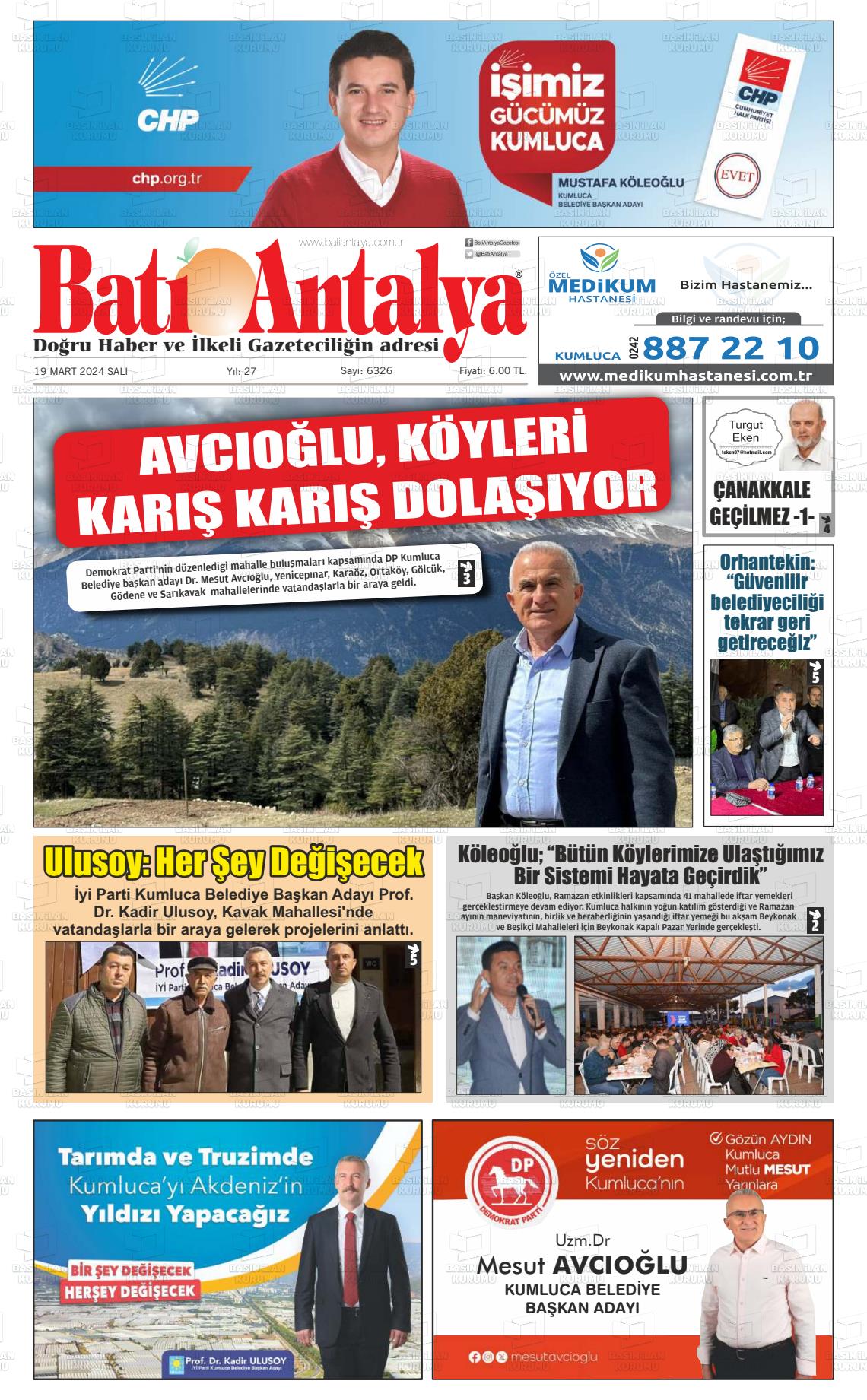 19 Mart 2024 Batı Antalya Gazete Manşeti