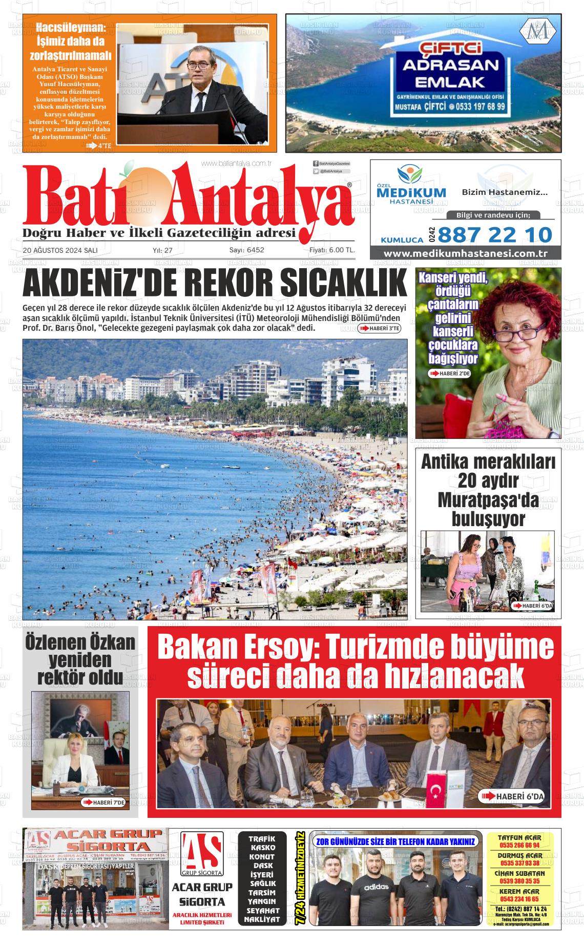 20 Ağustos 2024 Batı Antalya Gazete Manşeti