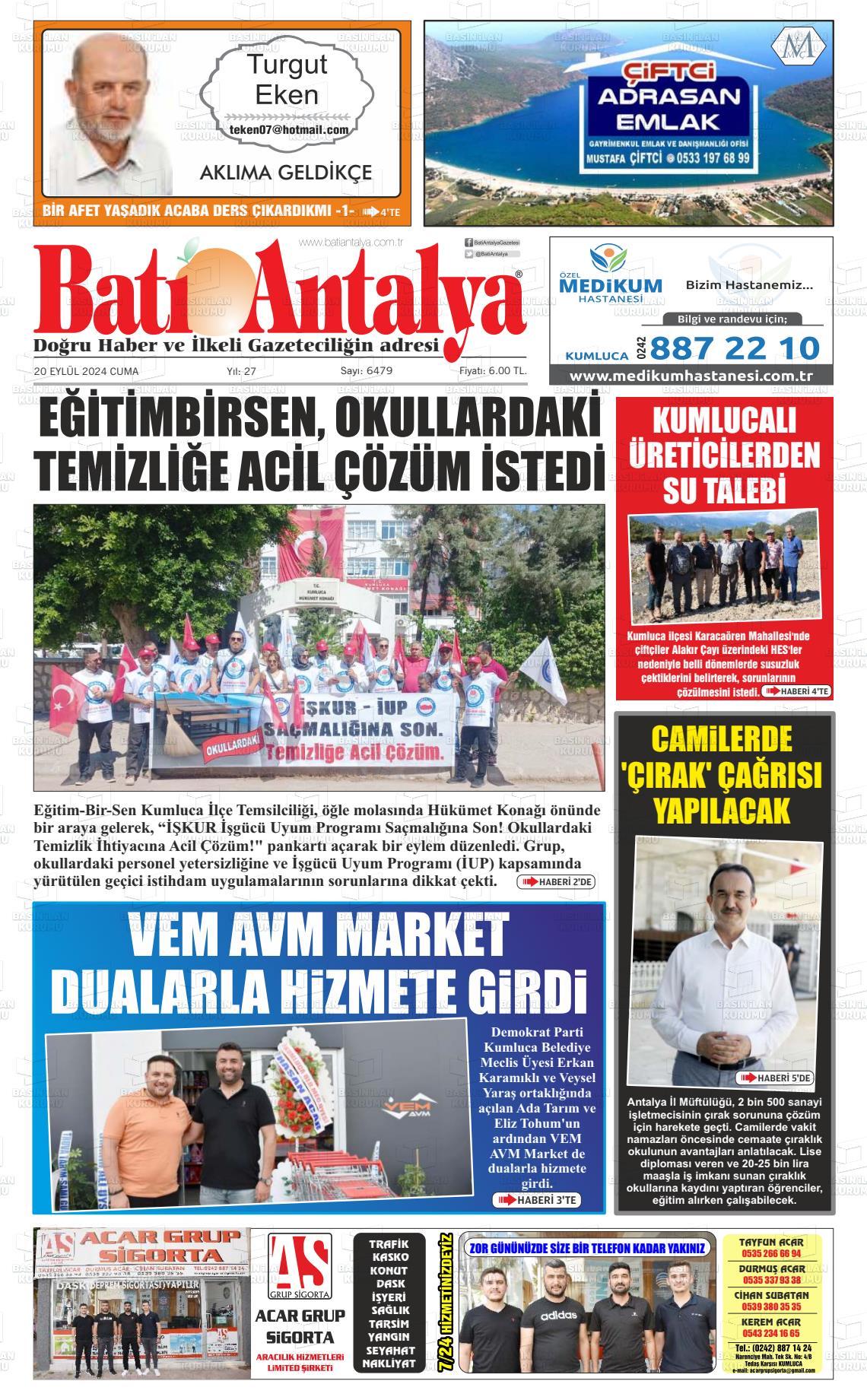 20 Eylül 2024 Batı Antalya Gazete Manşeti