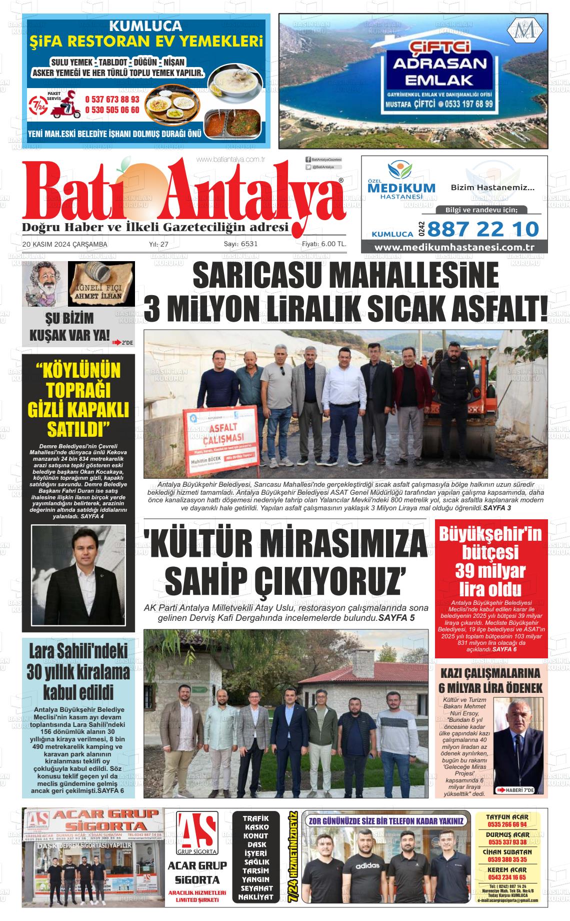 20 Kasım 2024 Batı Antalya Gazete Manşeti