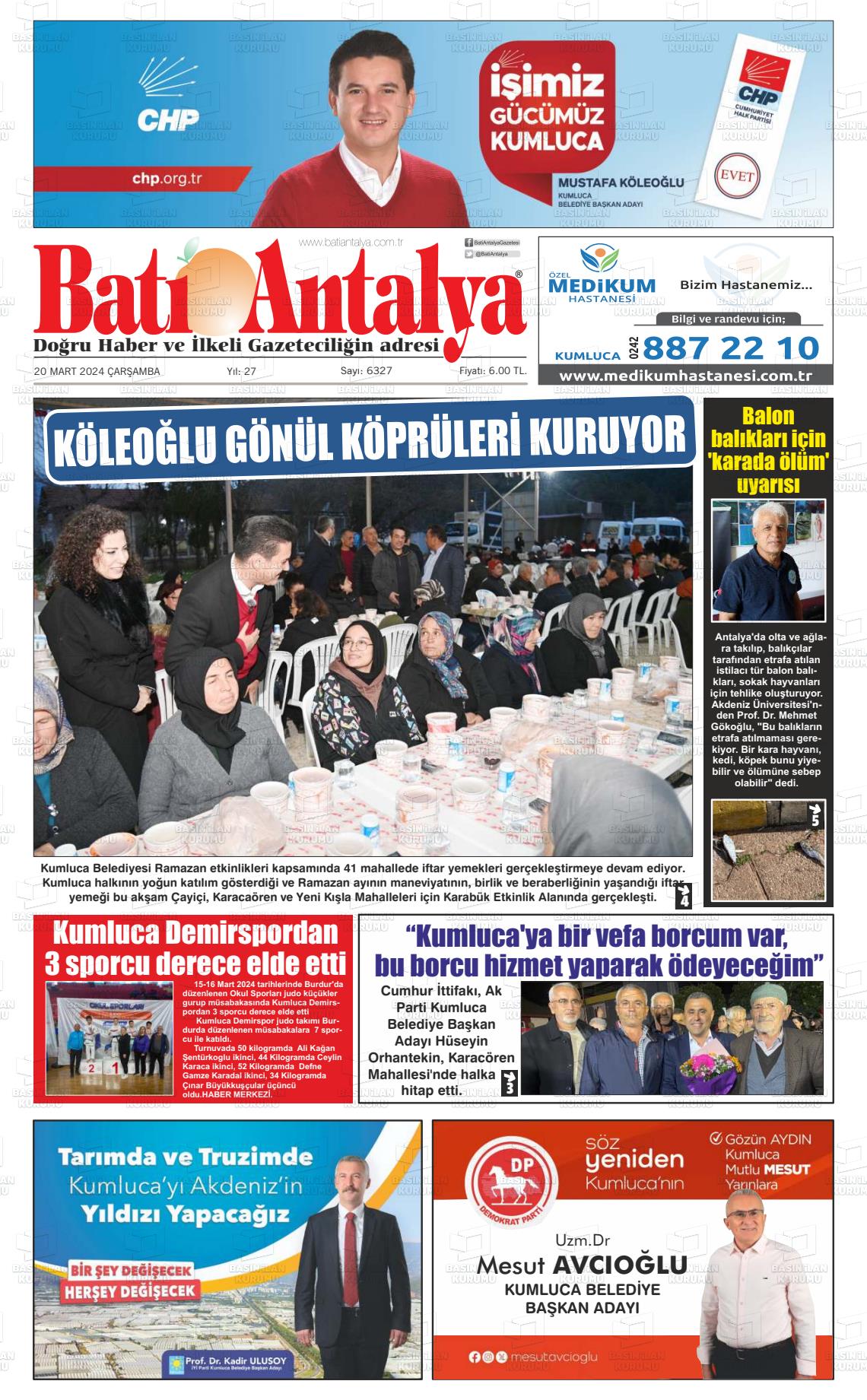 20 Mart 2024 Batı Antalya Gazete Manşeti