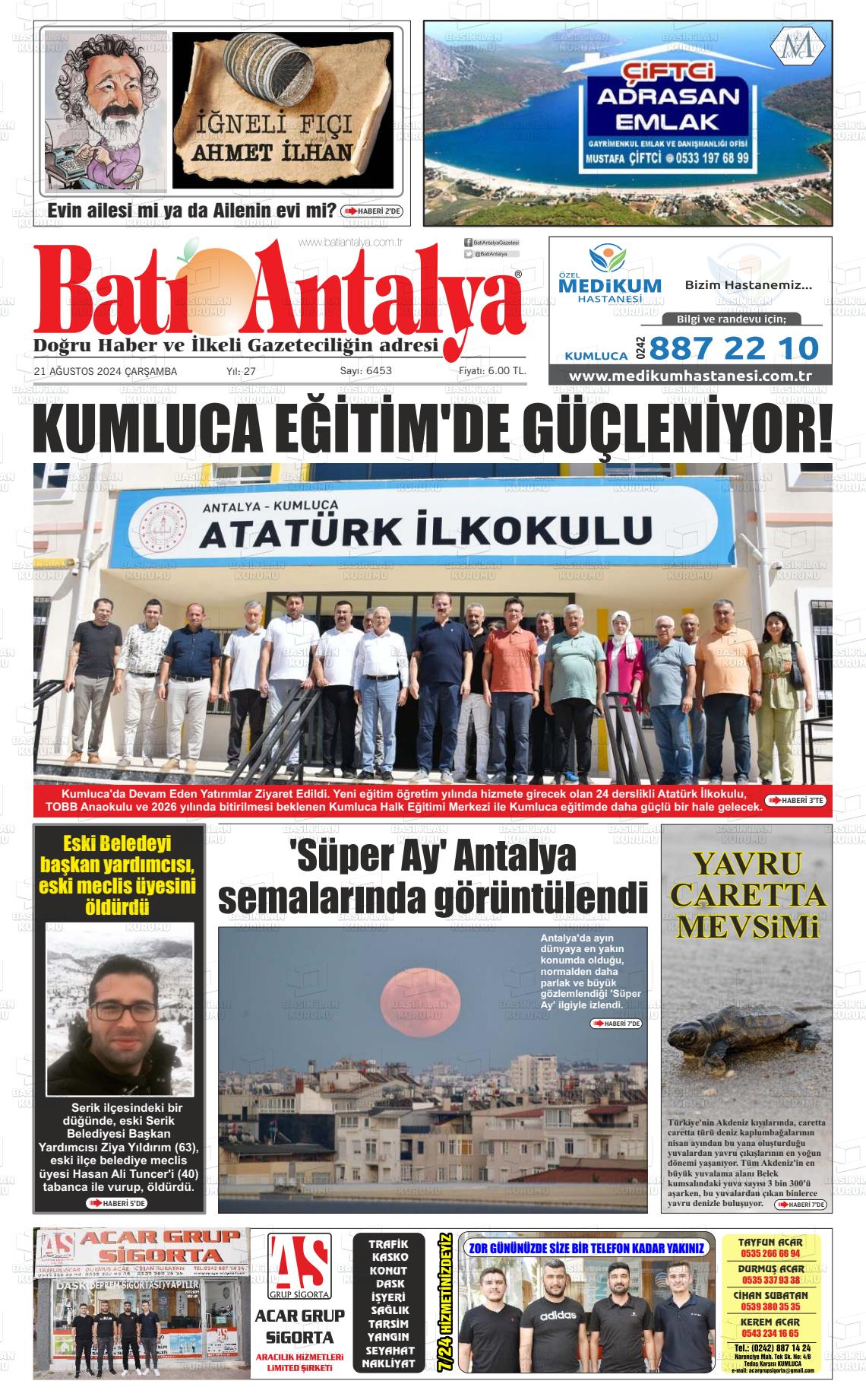 21 Ağustos 2024 Batı Antalya Gazete Manşeti