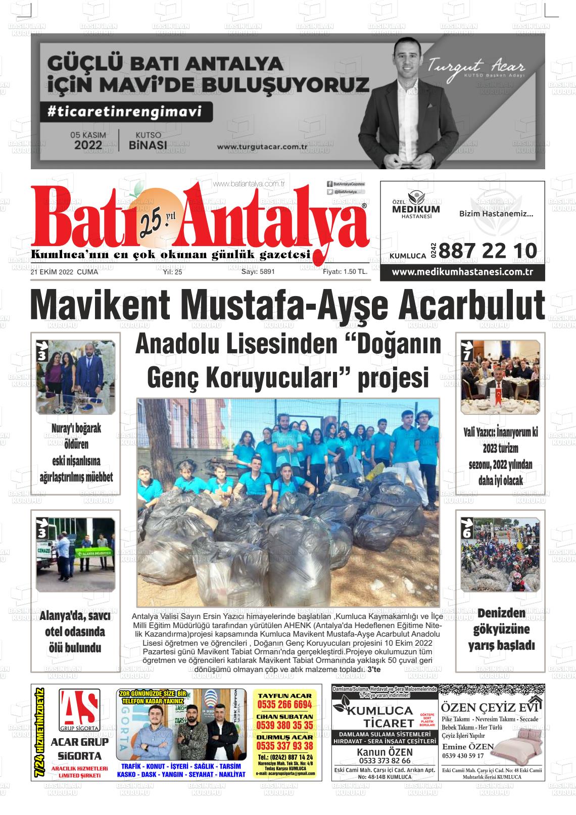 21 Ekim 2022 Batı Antalya Gazete Manşeti