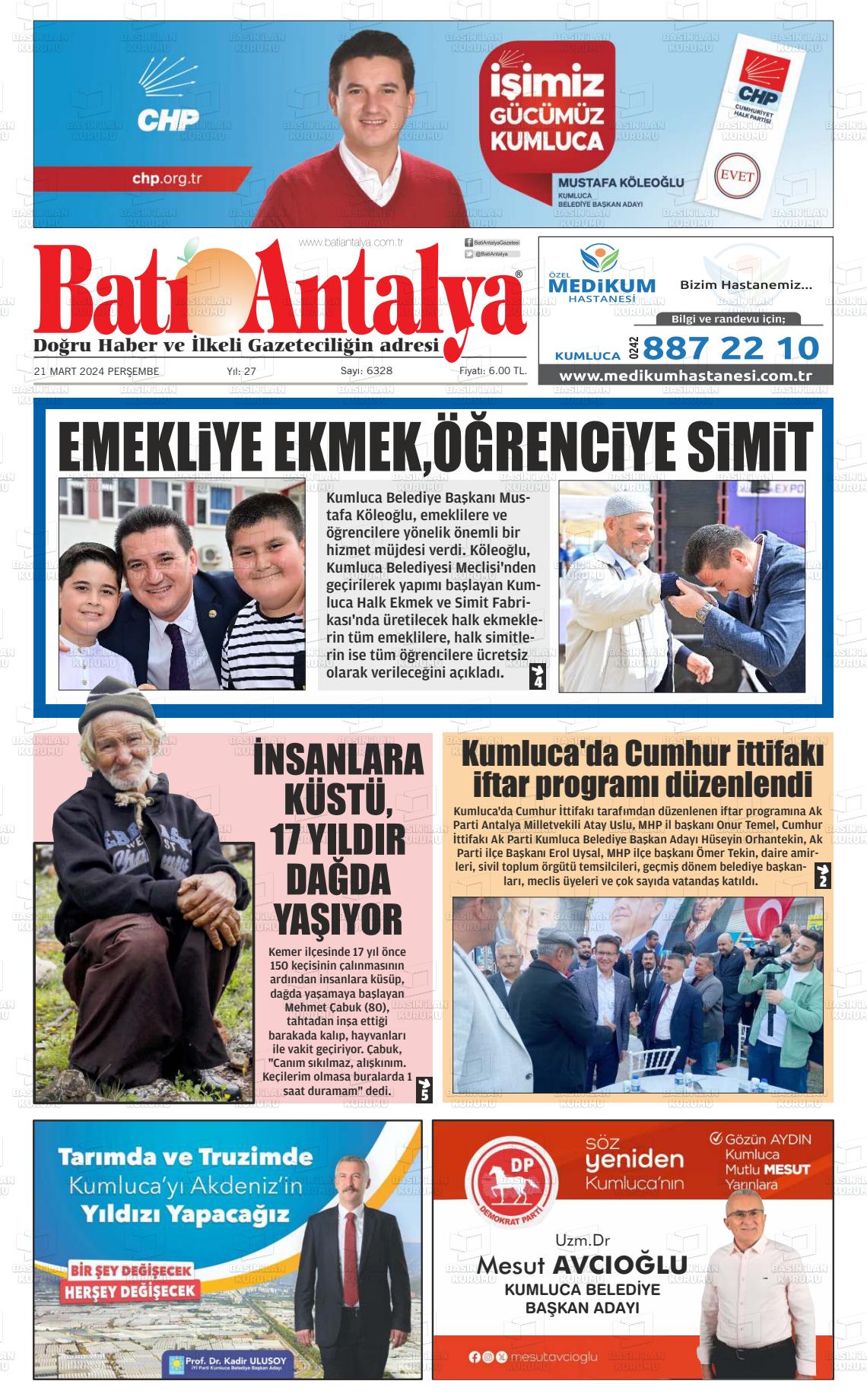 21 Mart 2024 Batı Antalya Gazete Manşeti