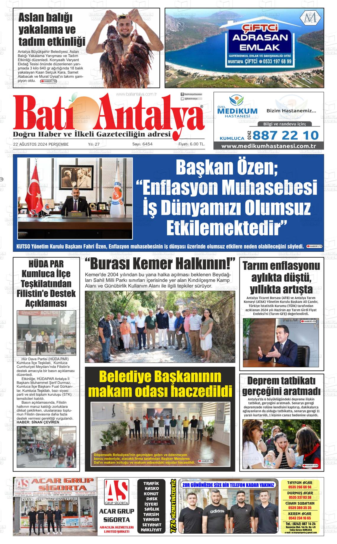 22 Ağustos 2024 Batı Antalya Gazete Manşeti