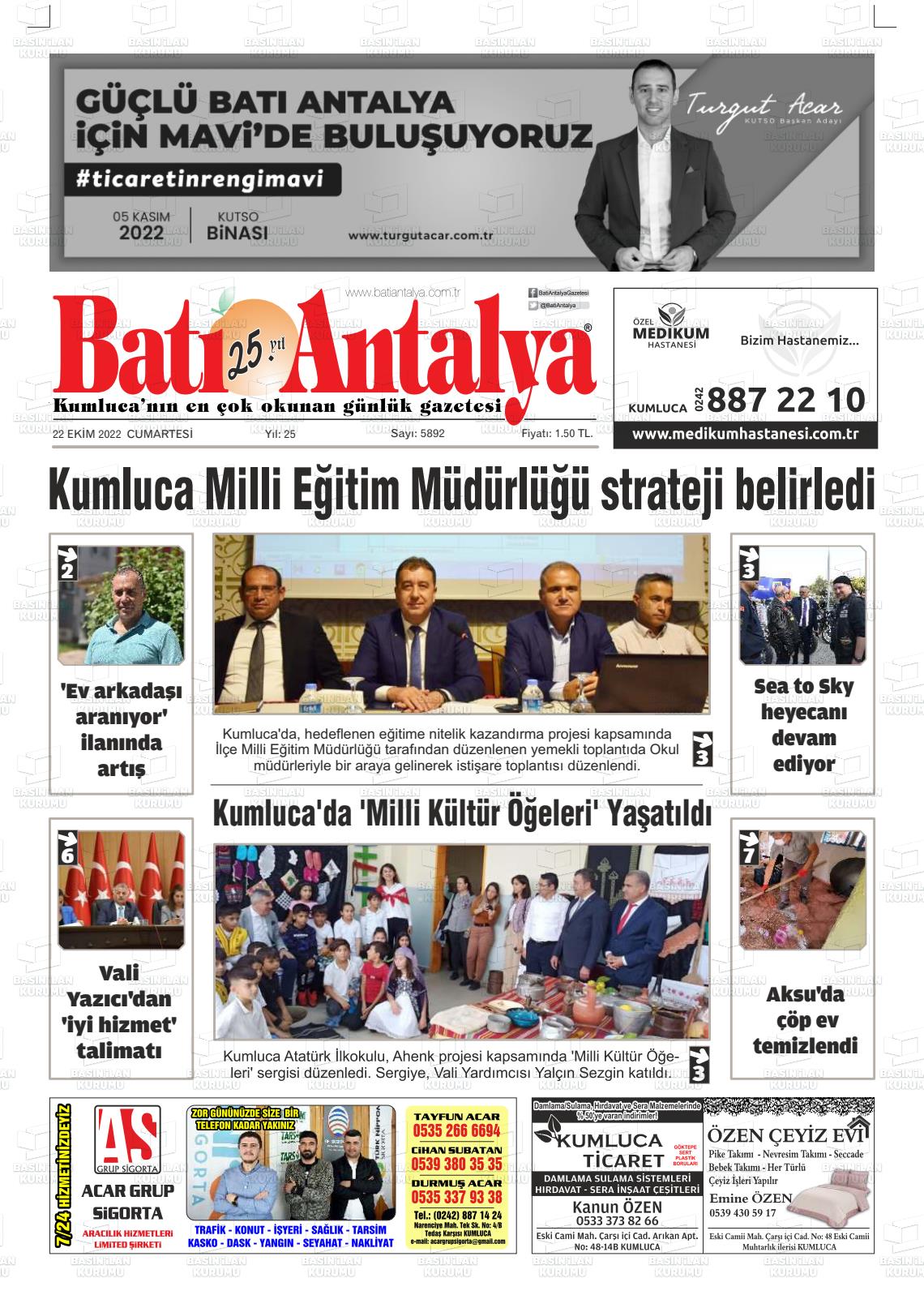 22 Ekim 2022 Batı Antalya Gazete Manşeti