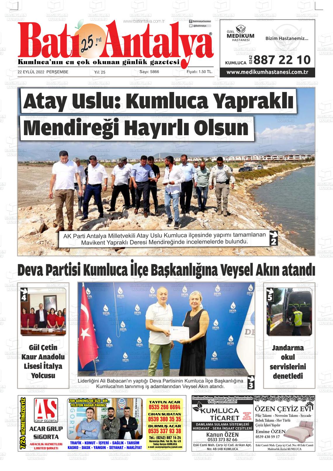 22 Eylül 2022 Batı Antalya Gazete Manşeti