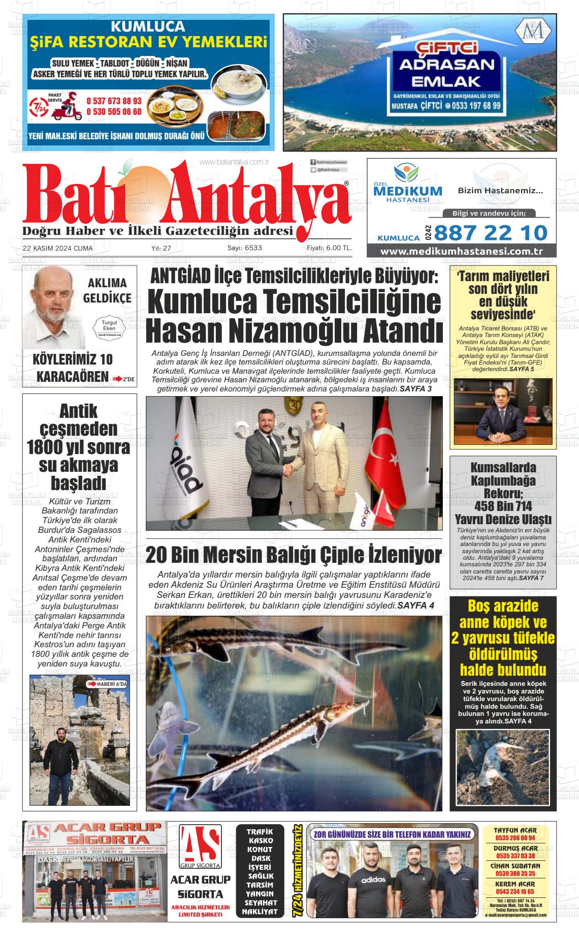 22 Kasım 2024 Batı Antalya Gazete Manşeti