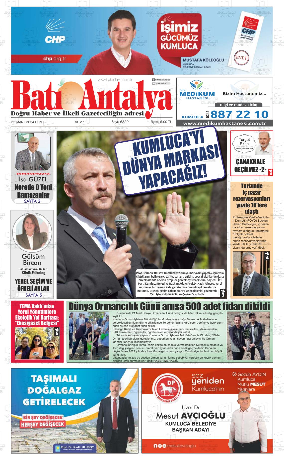 22 Mart 2024 Batı Antalya Gazete Manşeti