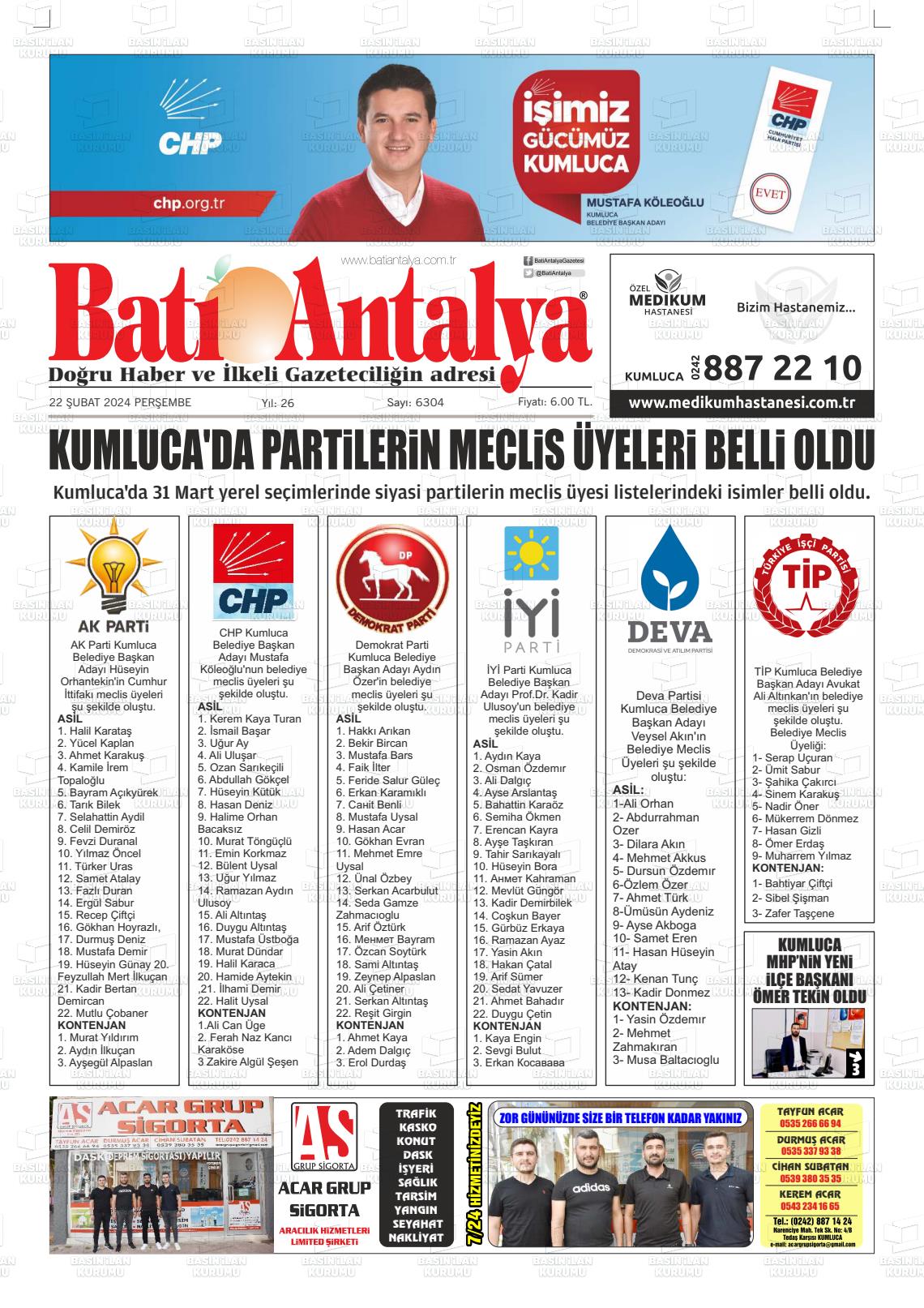 22 Şubat 2024 Batı Antalya Gazete Manşeti