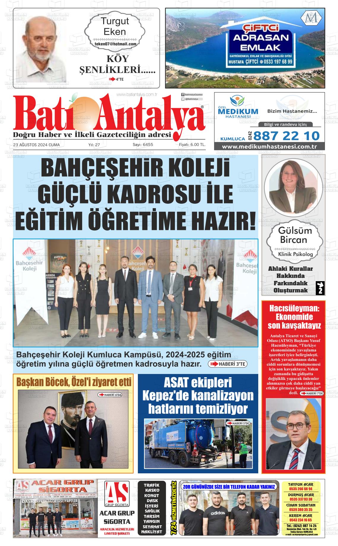 23 Ağustos 2024 Batı Antalya Gazete Manşeti