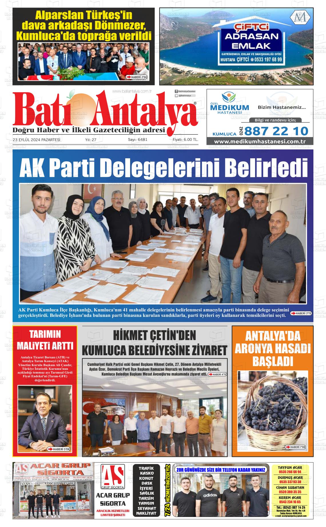 23 Eylül 2024 Batı Antalya Gazete Manşeti