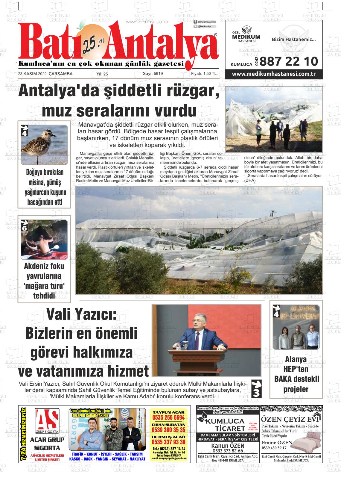 23 Kasım 2022 Batı Antalya Gazete Manşeti