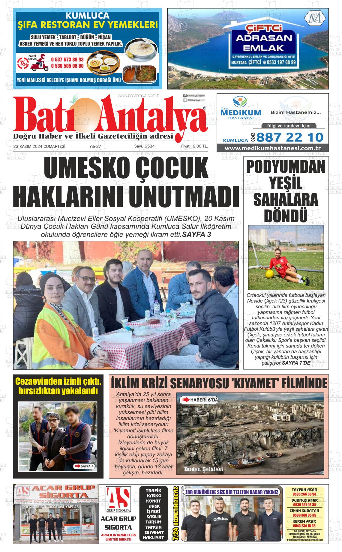 23 Kasım 2024 Batı Antalya Gazete Manşeti