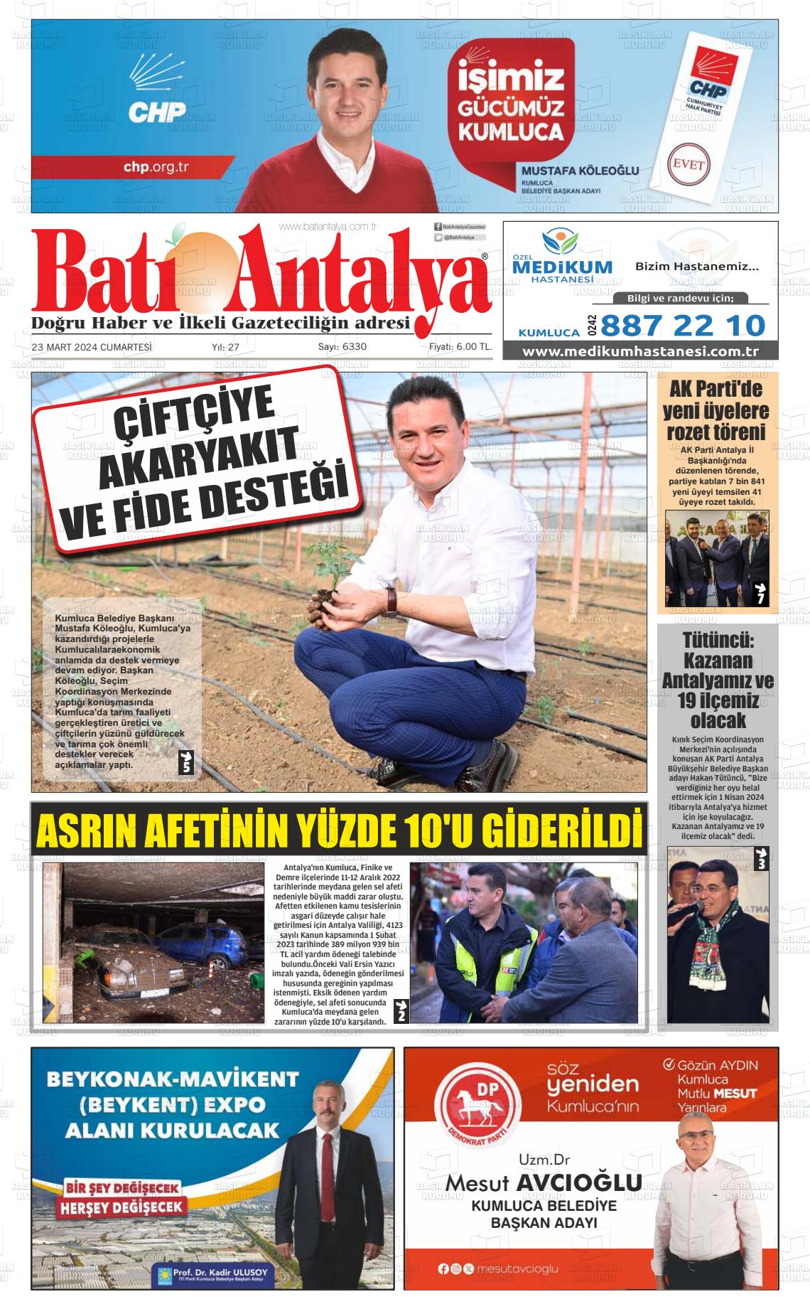 23 Mart 2024 Batı Antalya Gazete Manşeti