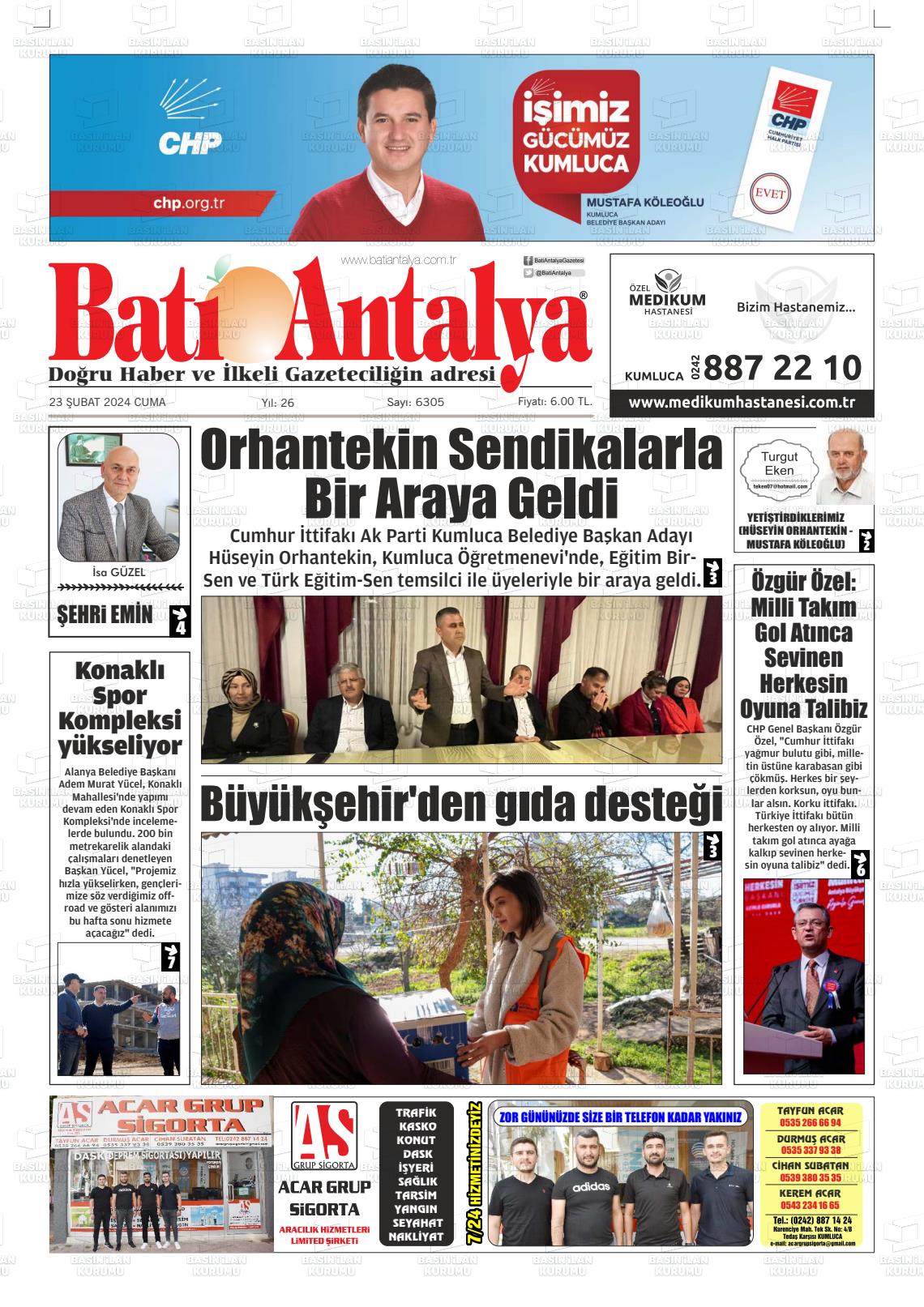 23 Şubat 2024 Batı Antalya Gazete Manşeti