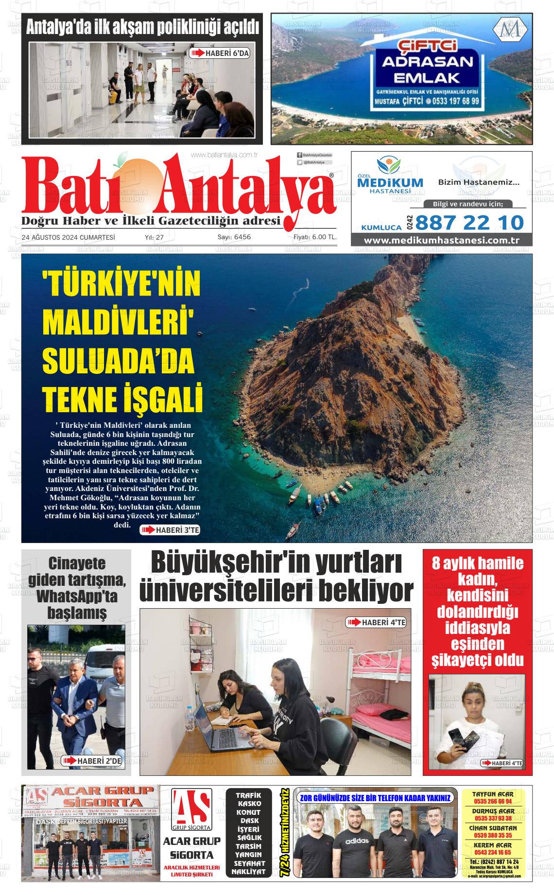 24 Ağustos 2024 Batı Antalya Gazete Manşeti