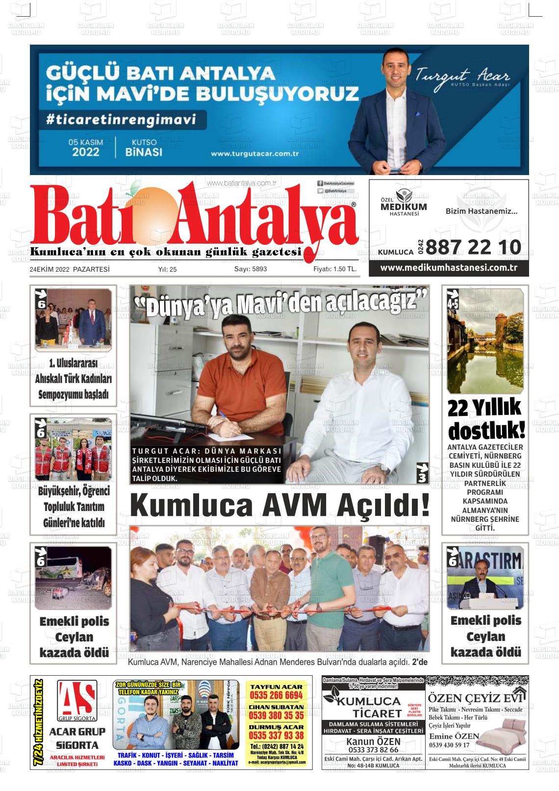 24 Ekim 2022 Batı Antalya Gazete Manşeti