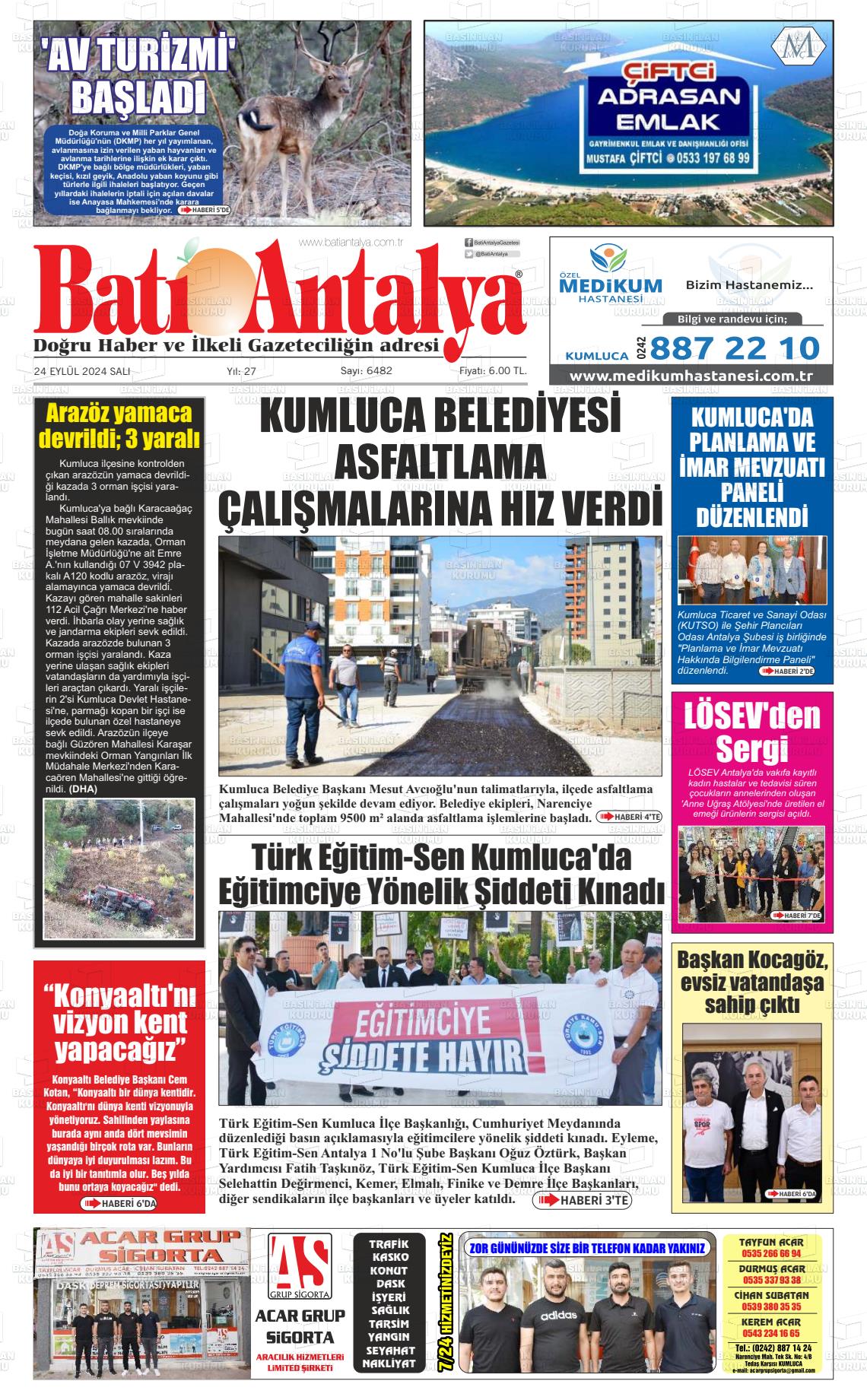 24 Eylül 2024 Batı Antalya Gazete Manşeti