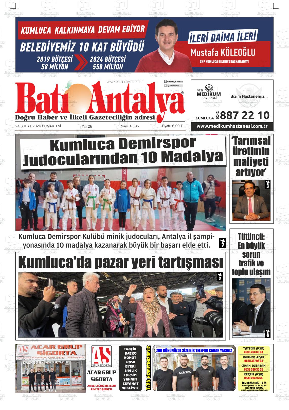 24 Şubat 2024 Batı Antalya Gazete Manşeti