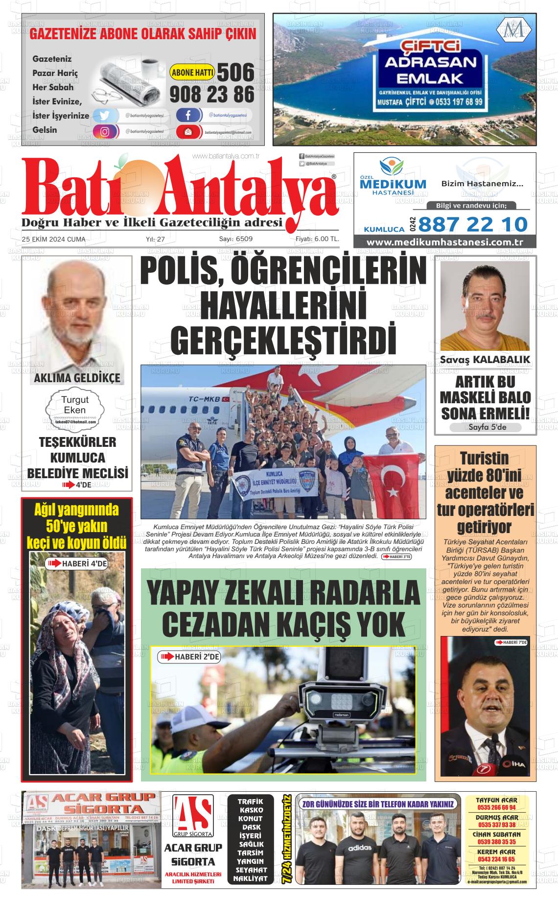 25 Ekim 2024 Batı Antalya Gazete Manşeti