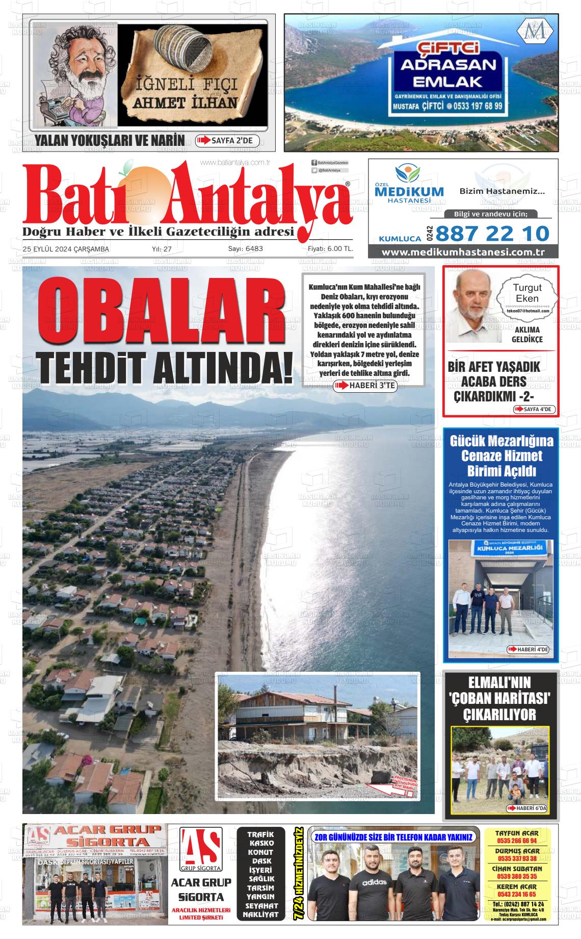 25 Eylül 2024 Batı Antalya Gazete Manşeti