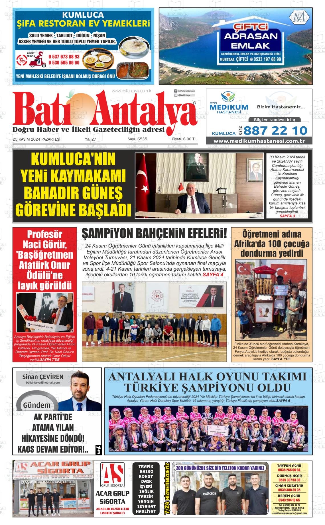 25 Kasım 2024 Batı Antalya Gazete Manşeti