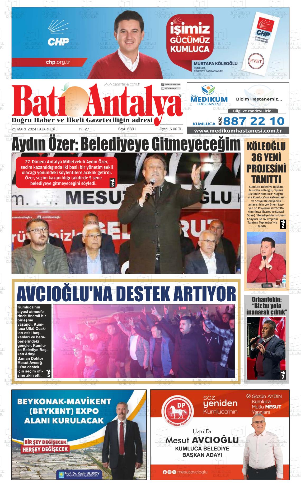 25 Mart 2024 Batı Antalya Gazete Manşeti