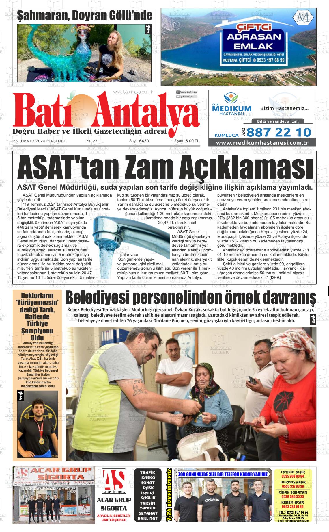 25 Temmuz 2024 Batı Antalya Gazete Manşeti