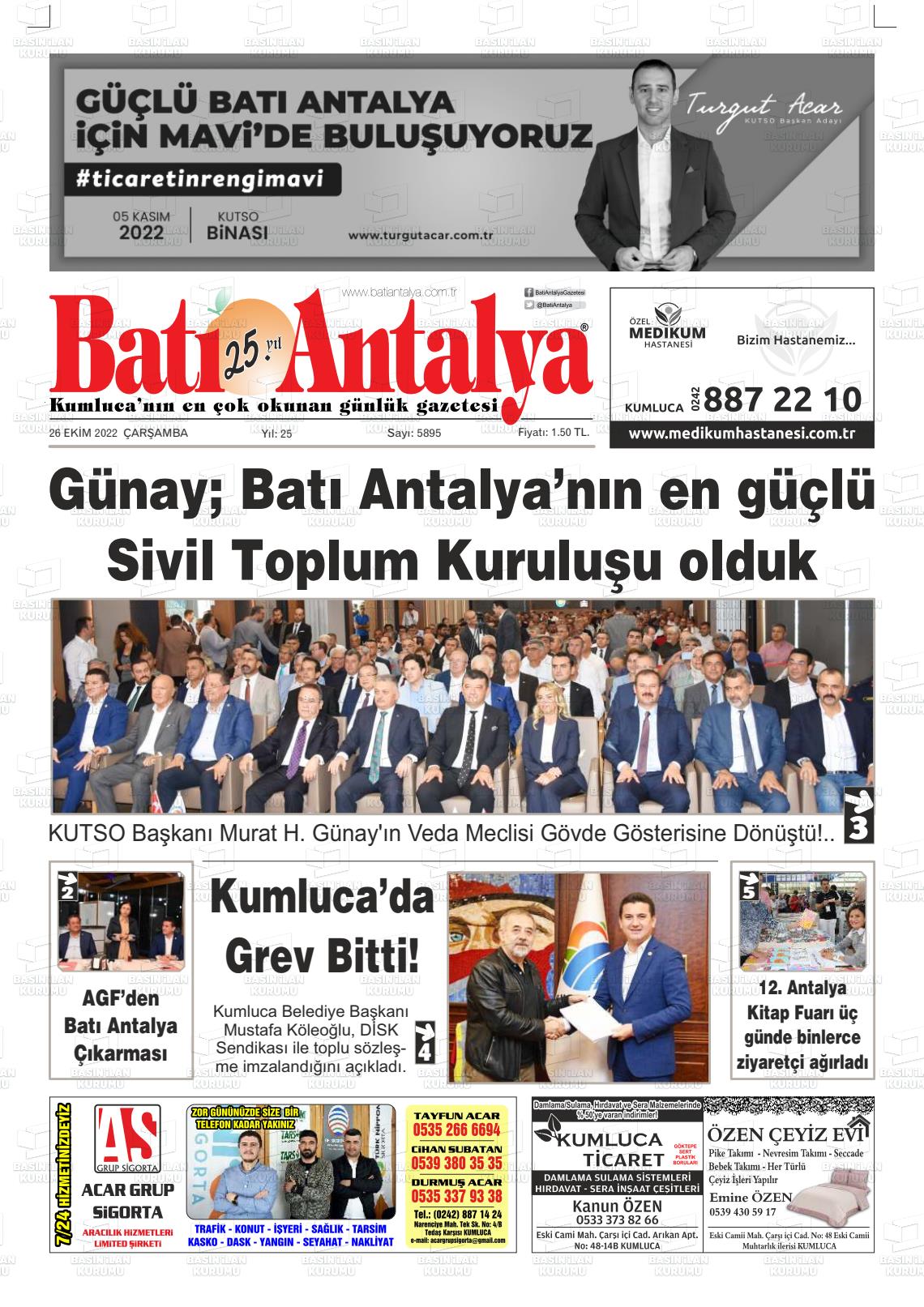 26 Ekim 2022 Batı Antalya Gazete Manşeti