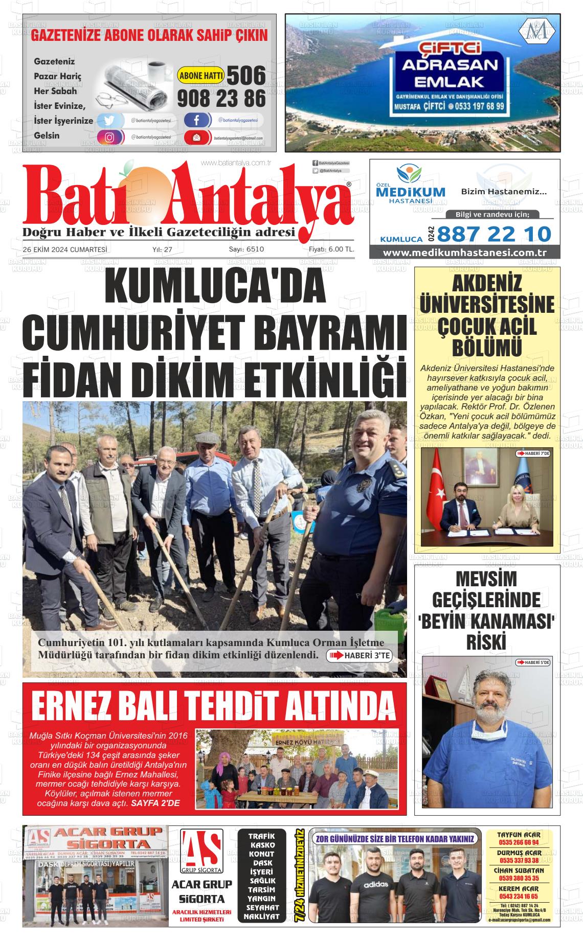 26 Ekim 2024 Batı Antalya Gazete Manşeti