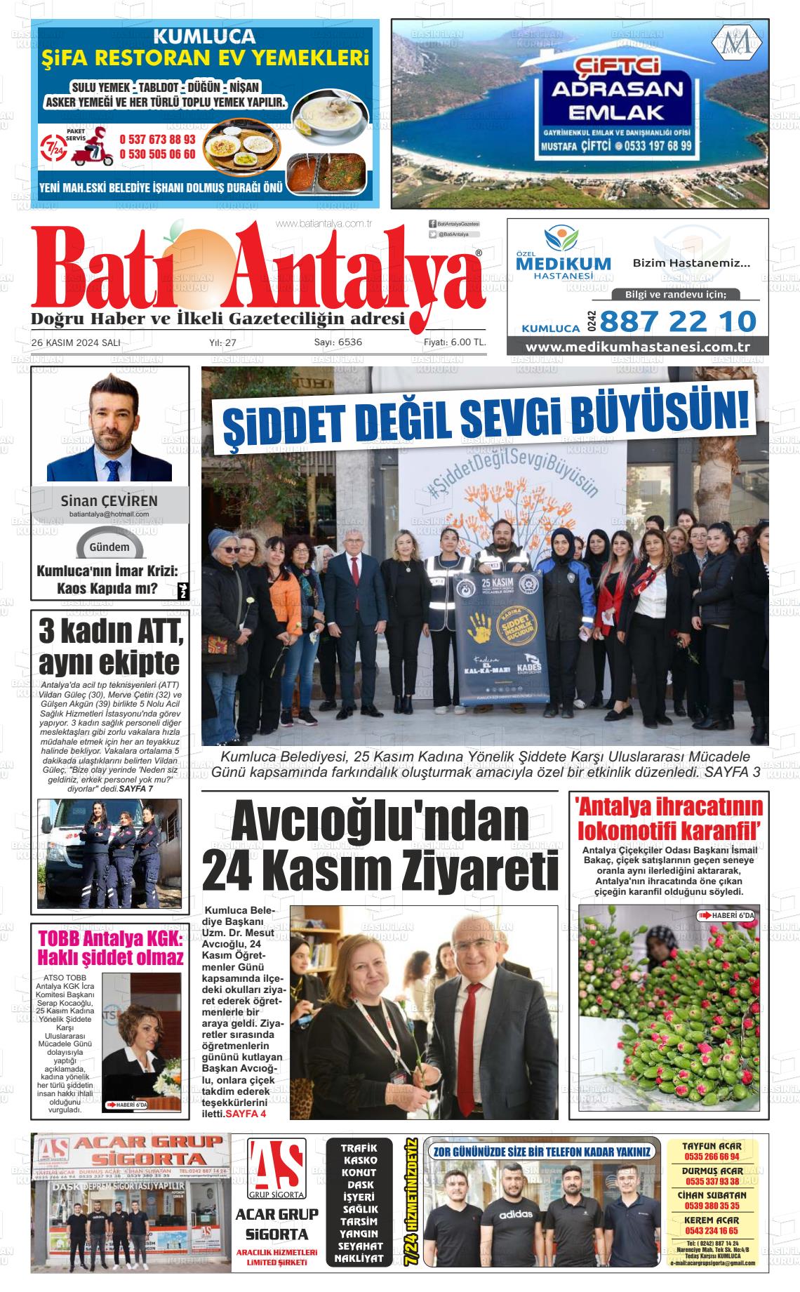 26 Kasım 2024 Batı Antalya Gazete Manşeti