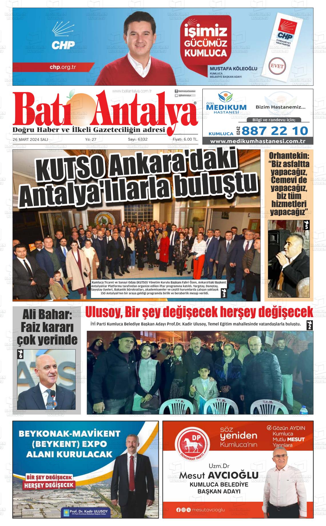 26 Mart 2024 Batı Antalya Gazete Manşeti