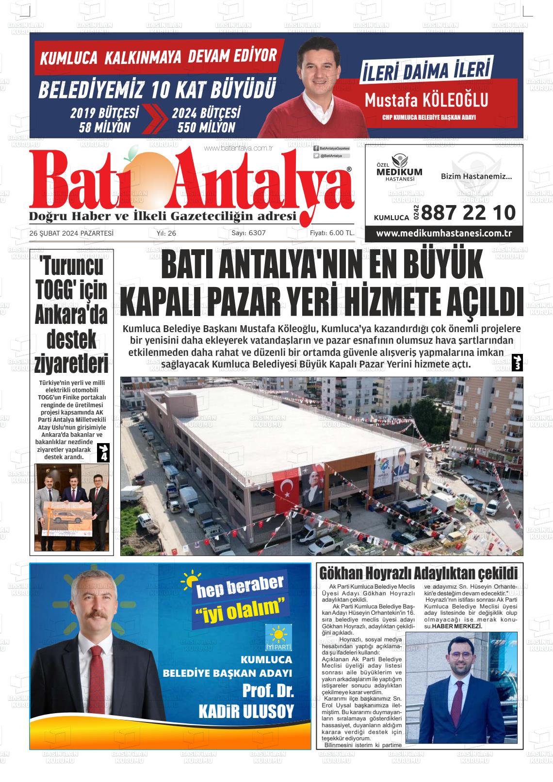 26 Şubat 2024 Batı Antalya Gazete Manşeti