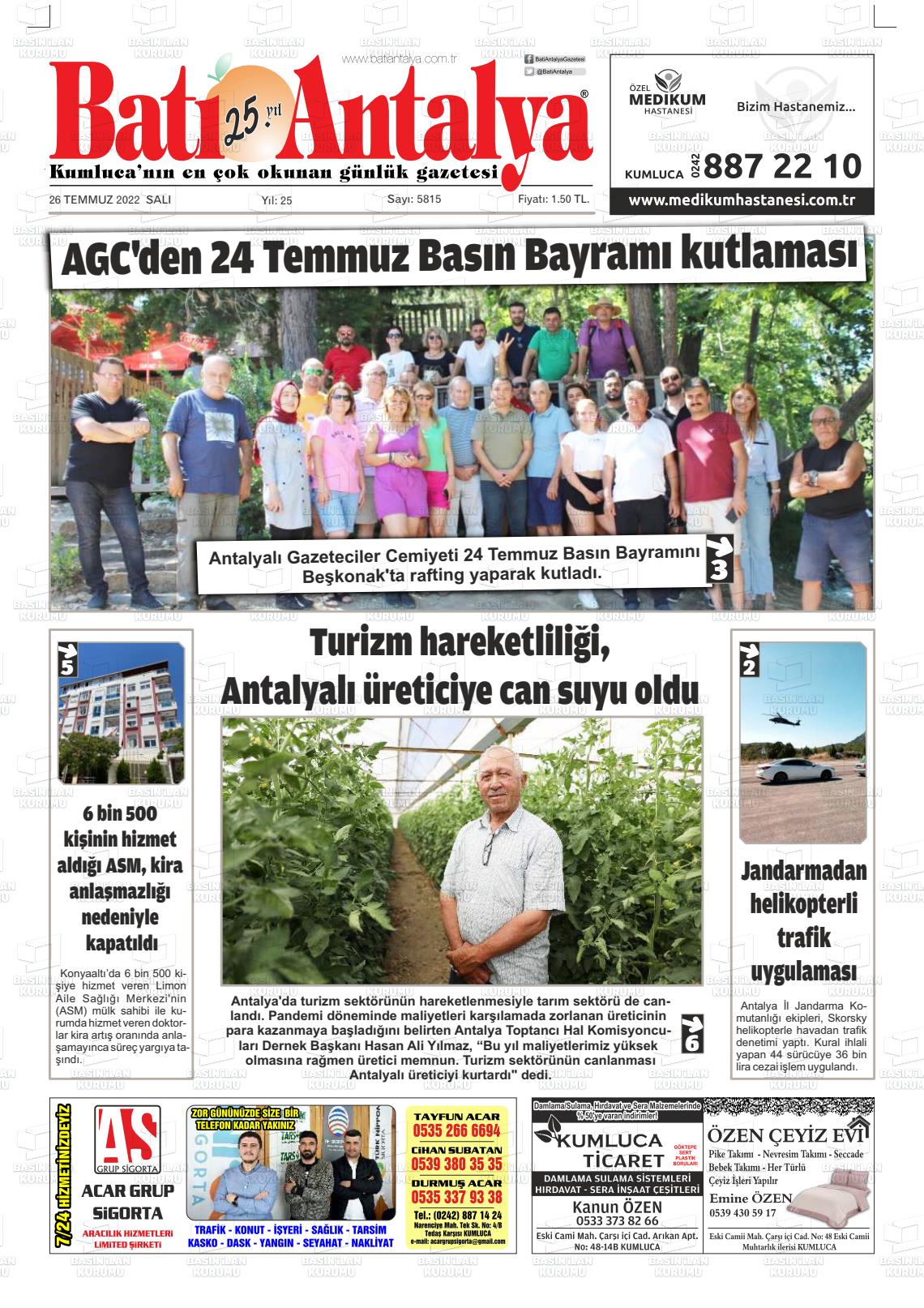 26 Temmuz 2022 Batı Antalya Gazete Manşeti