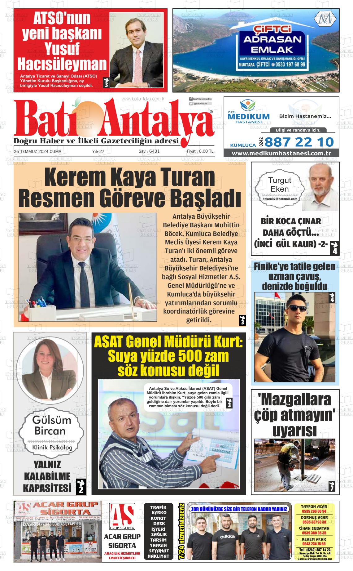 26 Temmuz 2024 Batı Antalya Gazete Manşeti