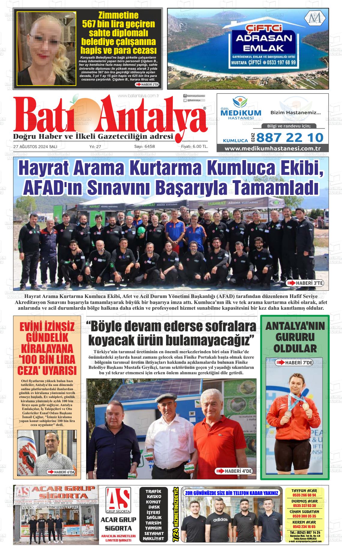 27 Ağustos 2024 Batı Antalya Gazete Manşeti