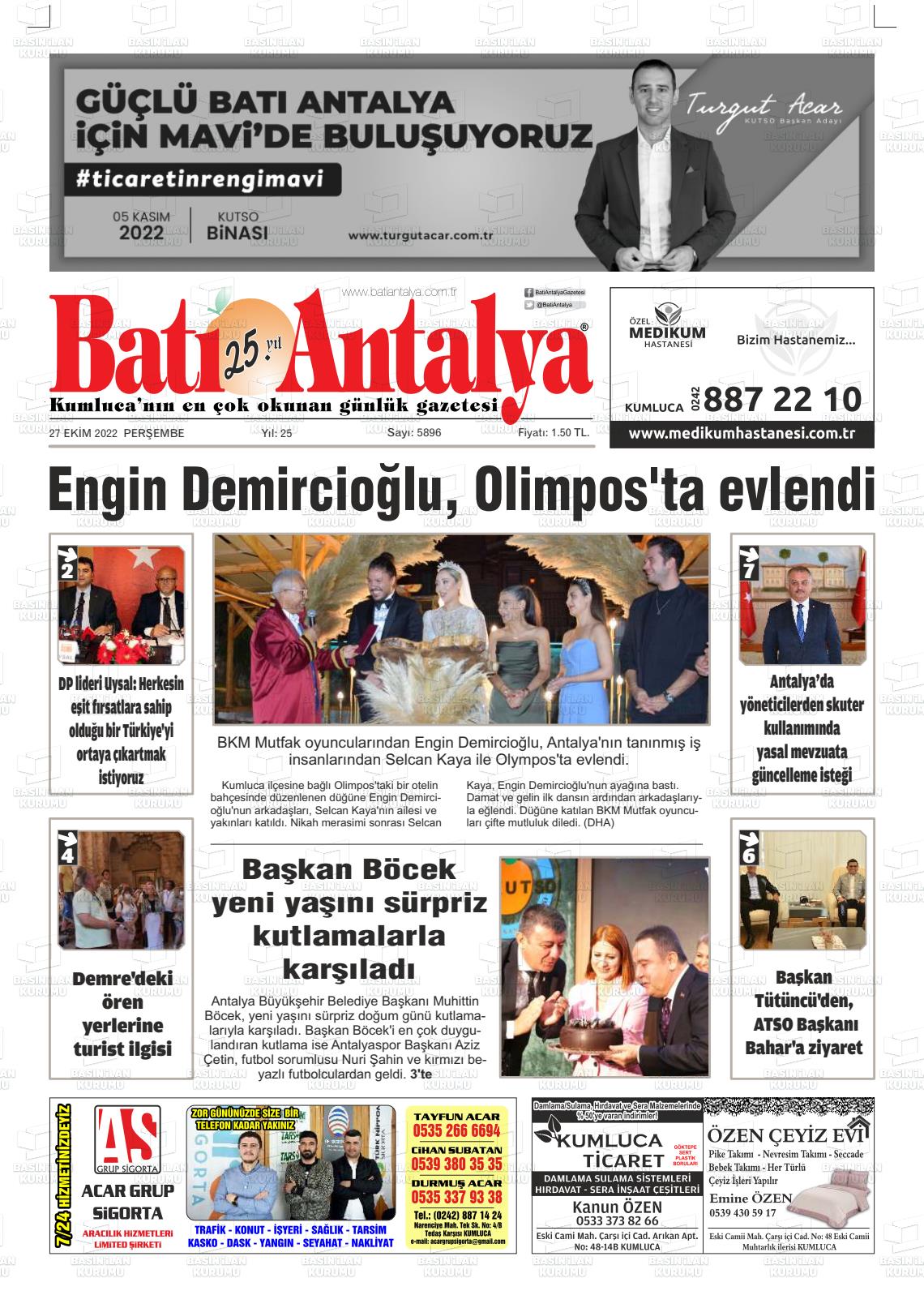 27 Ekim 2022 Batı Antalya Gazete Manşeti