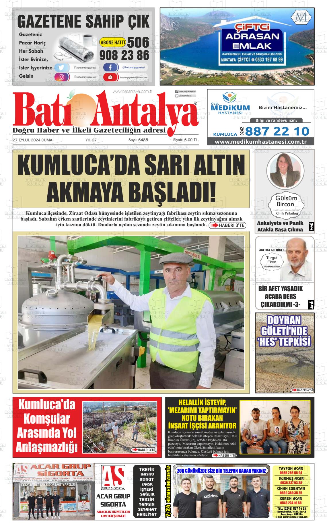 27 Eylül 2024 Batı Antalya Gazete Manşeti