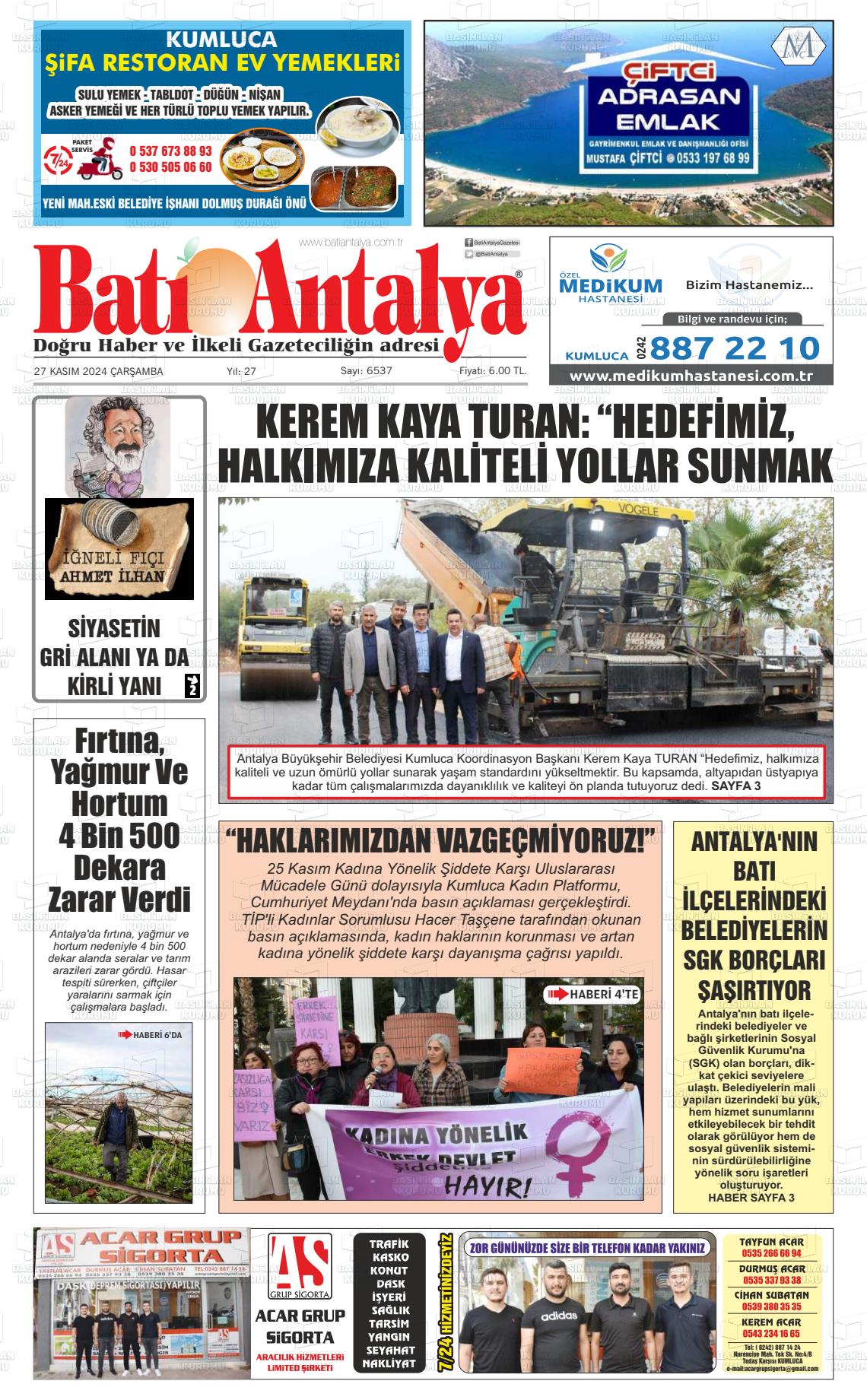 27 Kasım 2024 Batı Antalya Gazete Manşeti