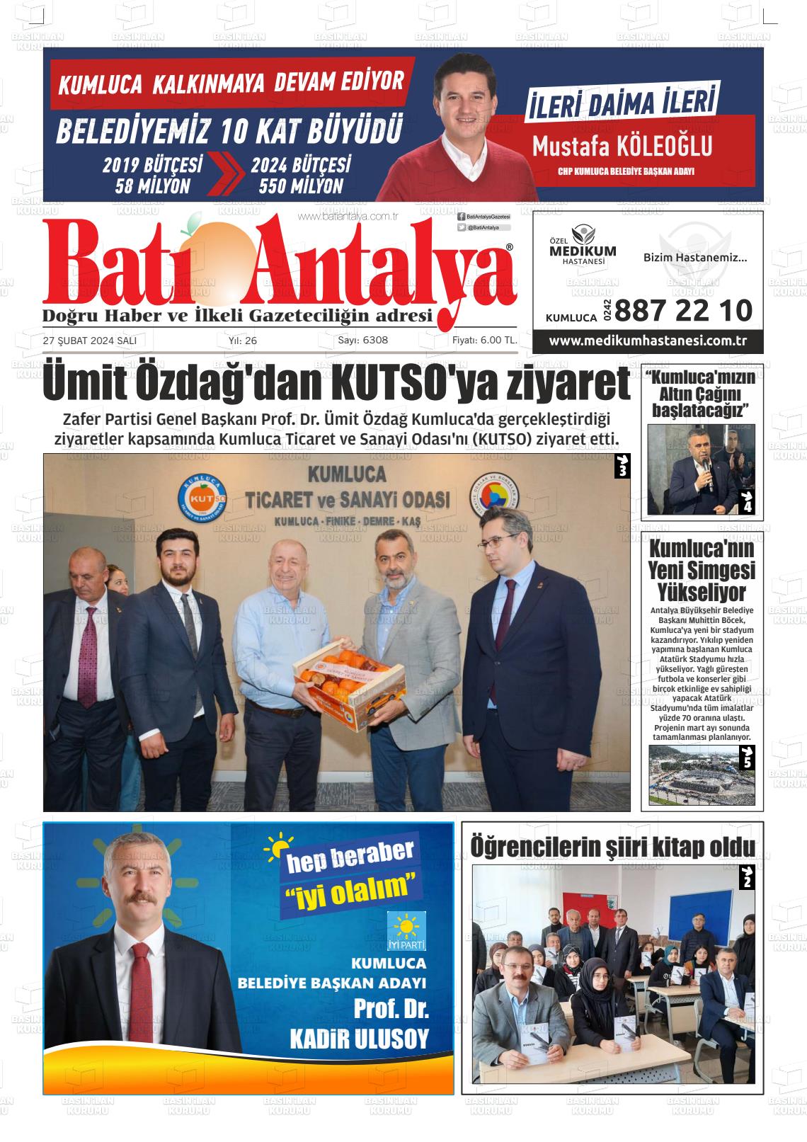 27 Şubat 2024 Batı Antalya Gazete Manşeti